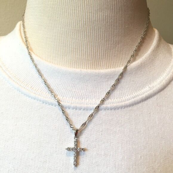 Cross Necklace Sterling Silver Cubic Zirconia Pendant 925 17in Twist Chain - Picture 3 of 14